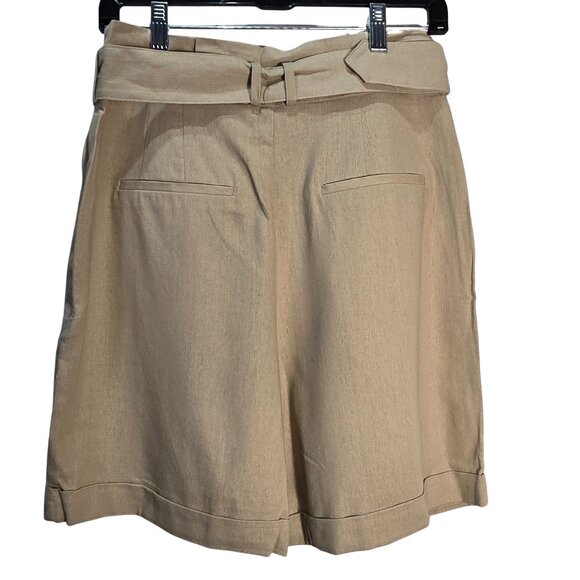 NWT | Women's Beige Tan High Waist Pleated Belted Bermuda Shorts Cuffed | Size 8 - Picture 2 of 5